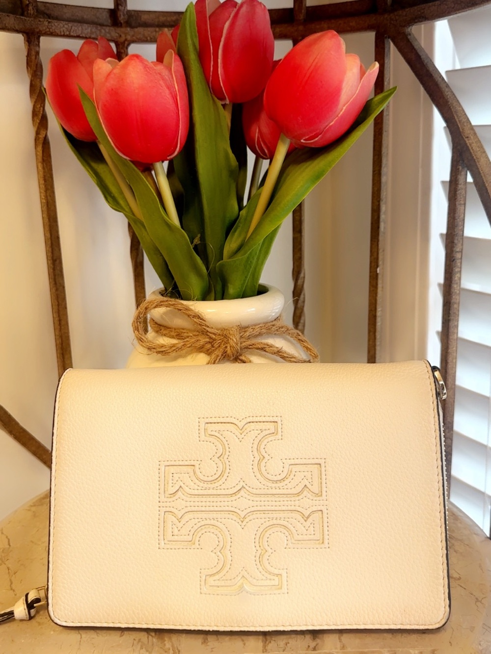 Tory Burch Ivory Pebbled Leather Crossbody with Logo